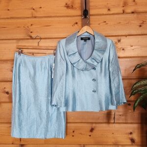 KASPER NWT 2PC Provence Metallic Blue Skirt Suit Set Pleated Blazer Jacket Sz 8